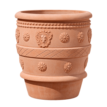 Terracottatopf mit Löwenköpfen und Rosetten aus Impruneta